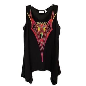 BISOU BISOU Lightweight Flowy Black Embroidered Angled Hem Boho Tank, Size XS